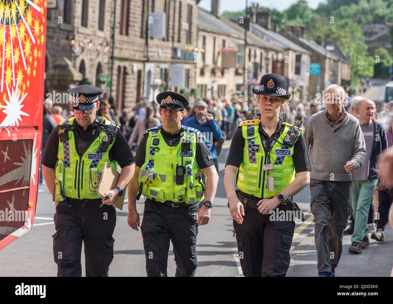 Police presence at the the Uppermill Whit Friday Contest in Saddleworth, England. Stock Photo