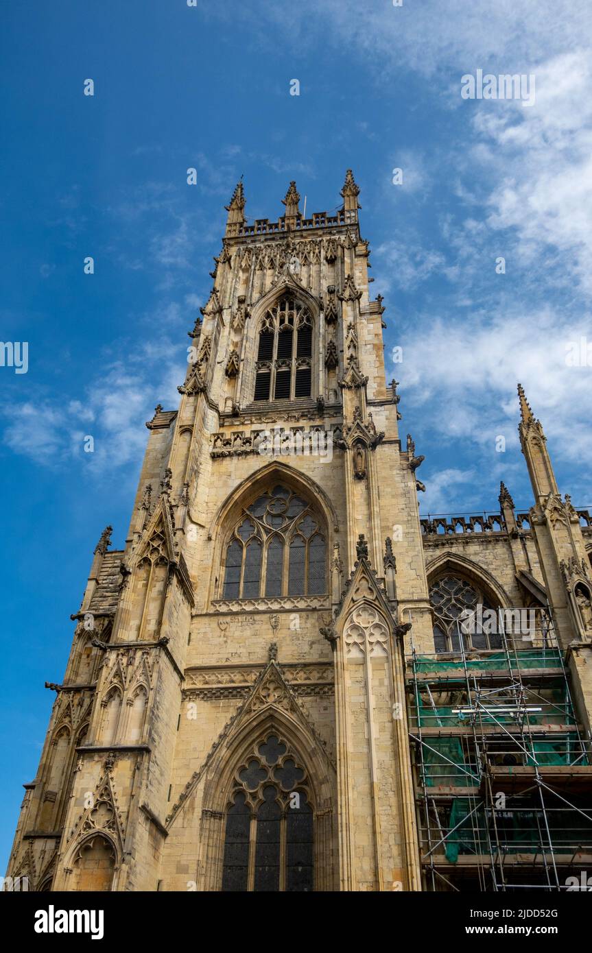 One of three York Minster towers in York, North Yorkshire, UK. Church is being restored with scaffolding Stock Photo