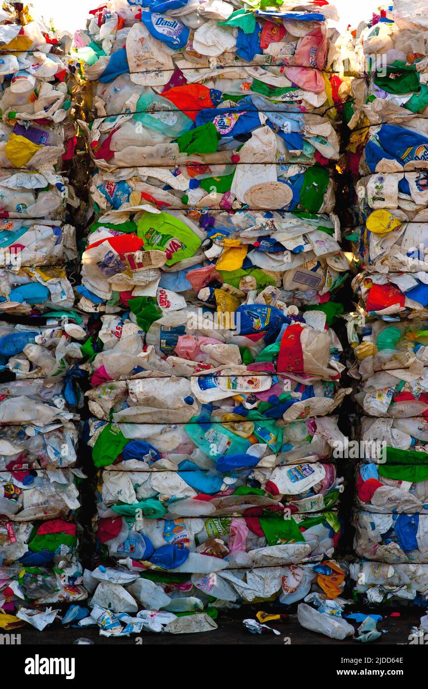 Italy, Montello (Bergamo province) - Montello SPA. Plant for the collection, recycling and recovery of waste plastic packaging,  plastic bales divided Stock Photo