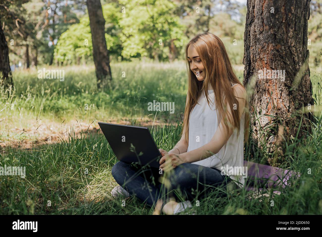 On the banner, a young girl works with a laptop in the fresh air in the park, sitting on the lawn. The concept of remote work. Work as a freelancer. The girl takes courses on a laptop and smiles Stock Photo