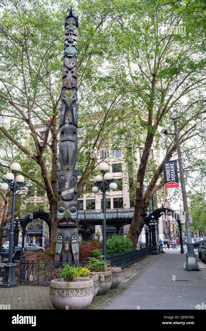 Seattle, Washington, USA - June 3, 2022:  Street scene at historic Pioneer Square in Seattle. Stock Photo