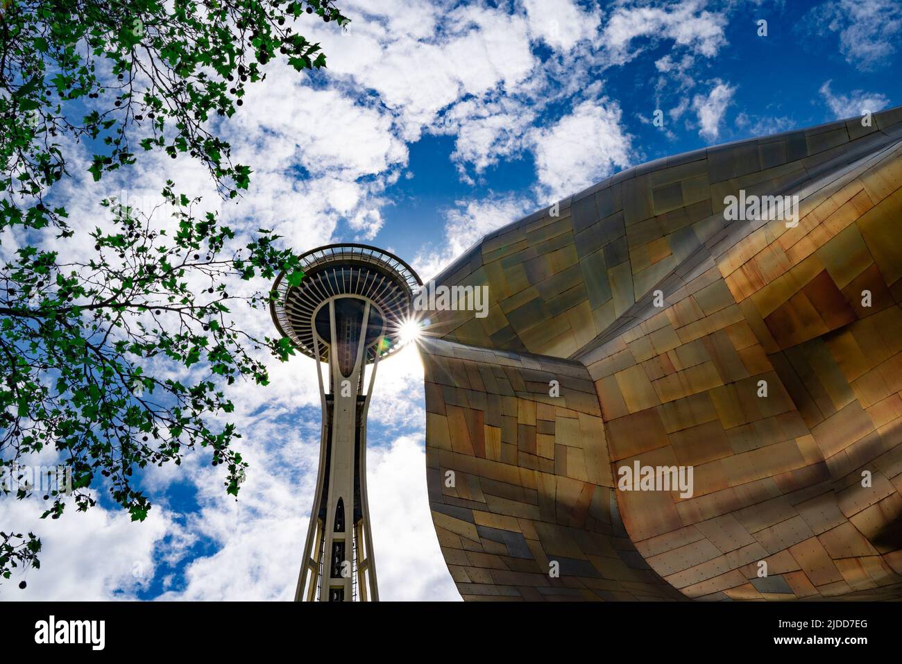Seattle Washington view of landmark Space Needle and Museum of Pop Culture seen from Seattle Center Stock Photo