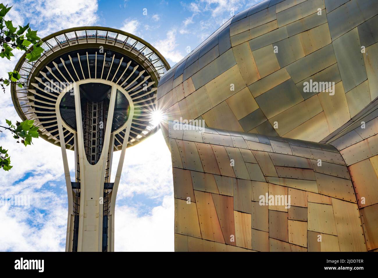 Seattle Washington view of landmark Space Needle and Museum of Pop Culture seen from Seattle Center Stock Photo