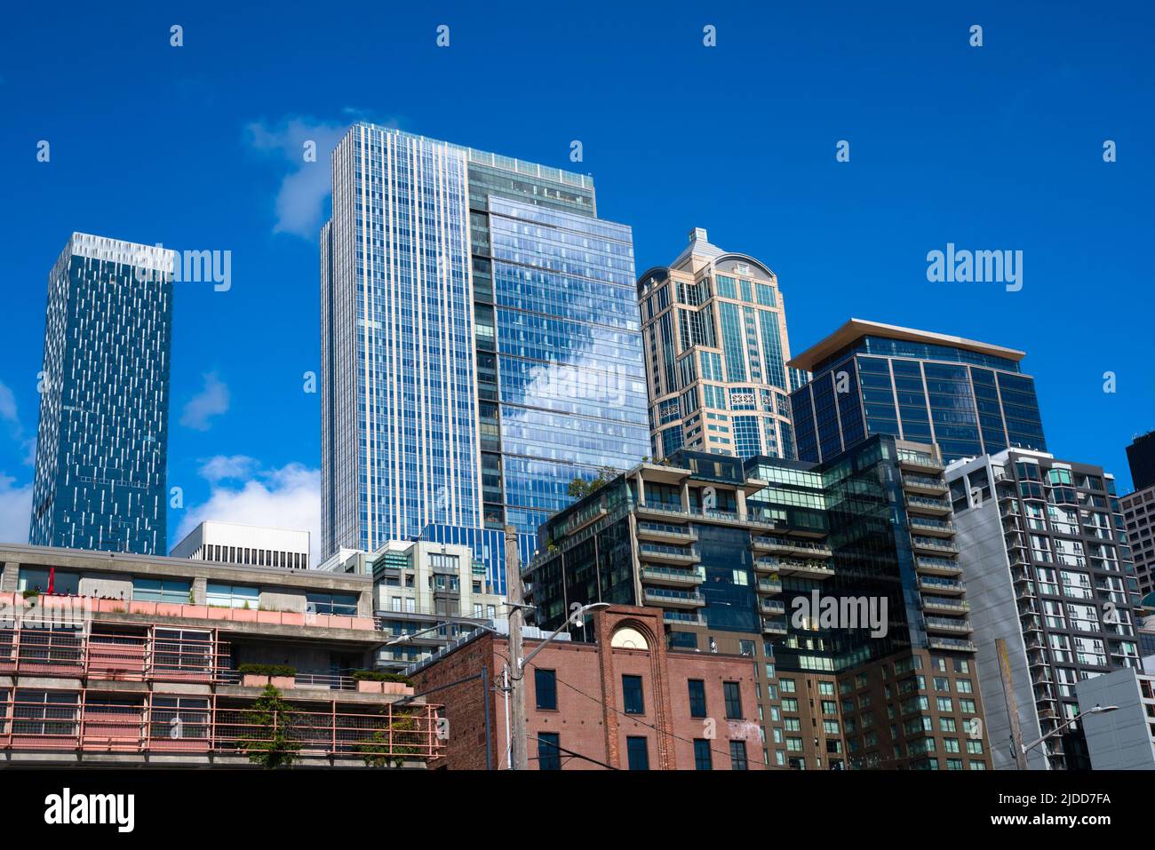 View of skyline with modern buildings seen from Downtown Seattle Washington Stock Photo