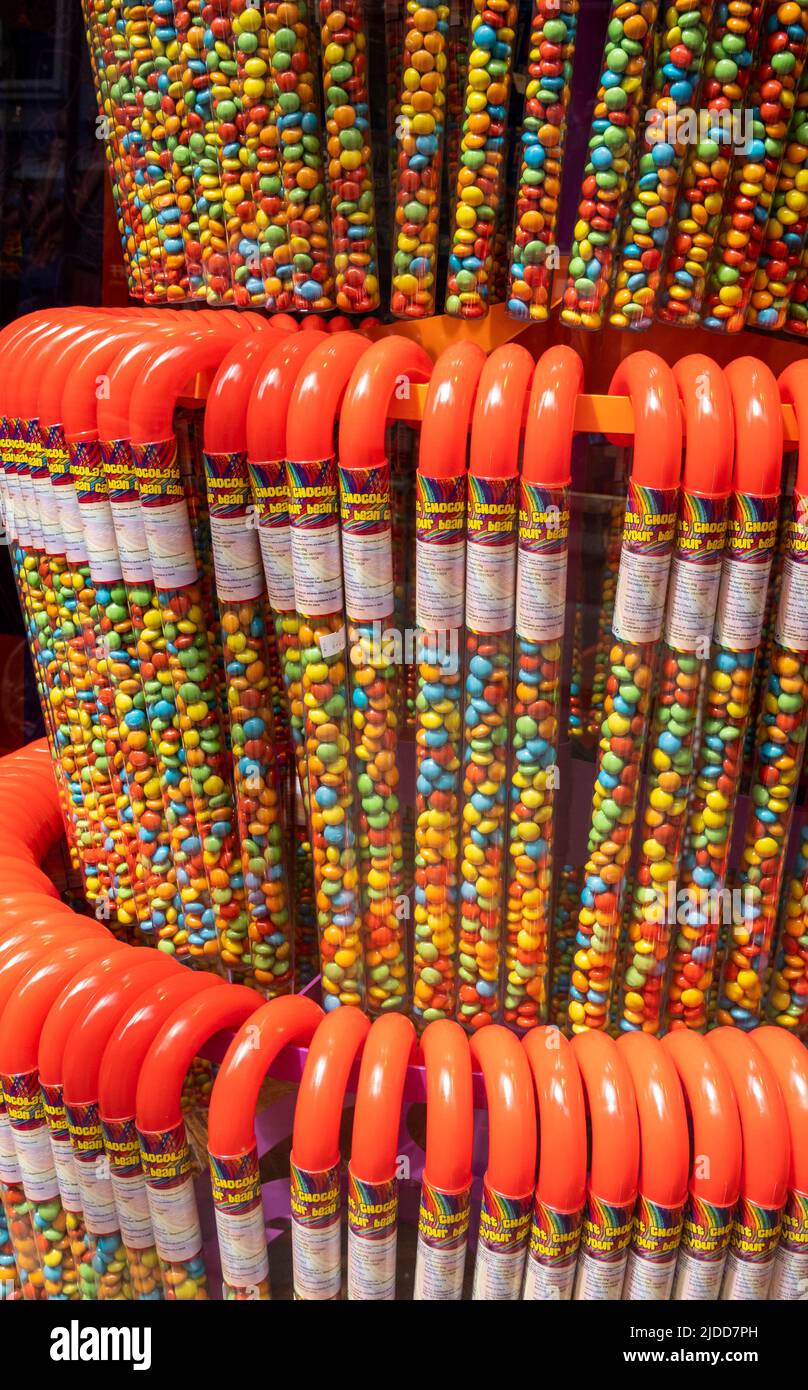 Chocolate candy canes (jelly beans) in a UK sweet shop Stock Photo Alamy