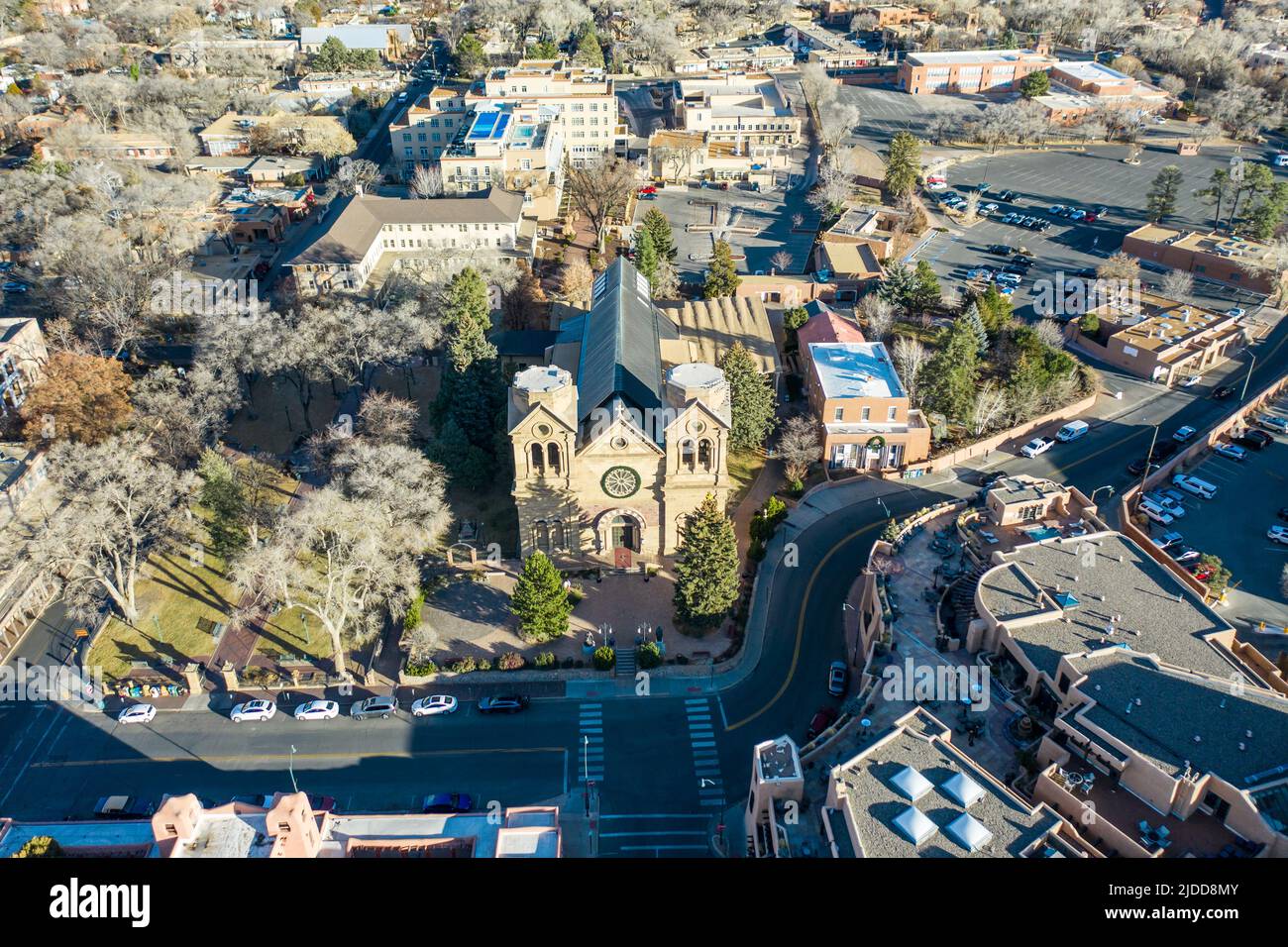 Aerial view of the Cathedral Basilica of St. Francis of Assisi in Santa Fe, New Mexico Stock Photo