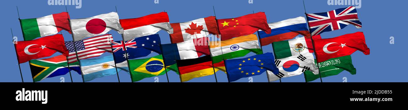 G20 summit or meeting concept. A string of G20 flags and a list of countries Stock Photo