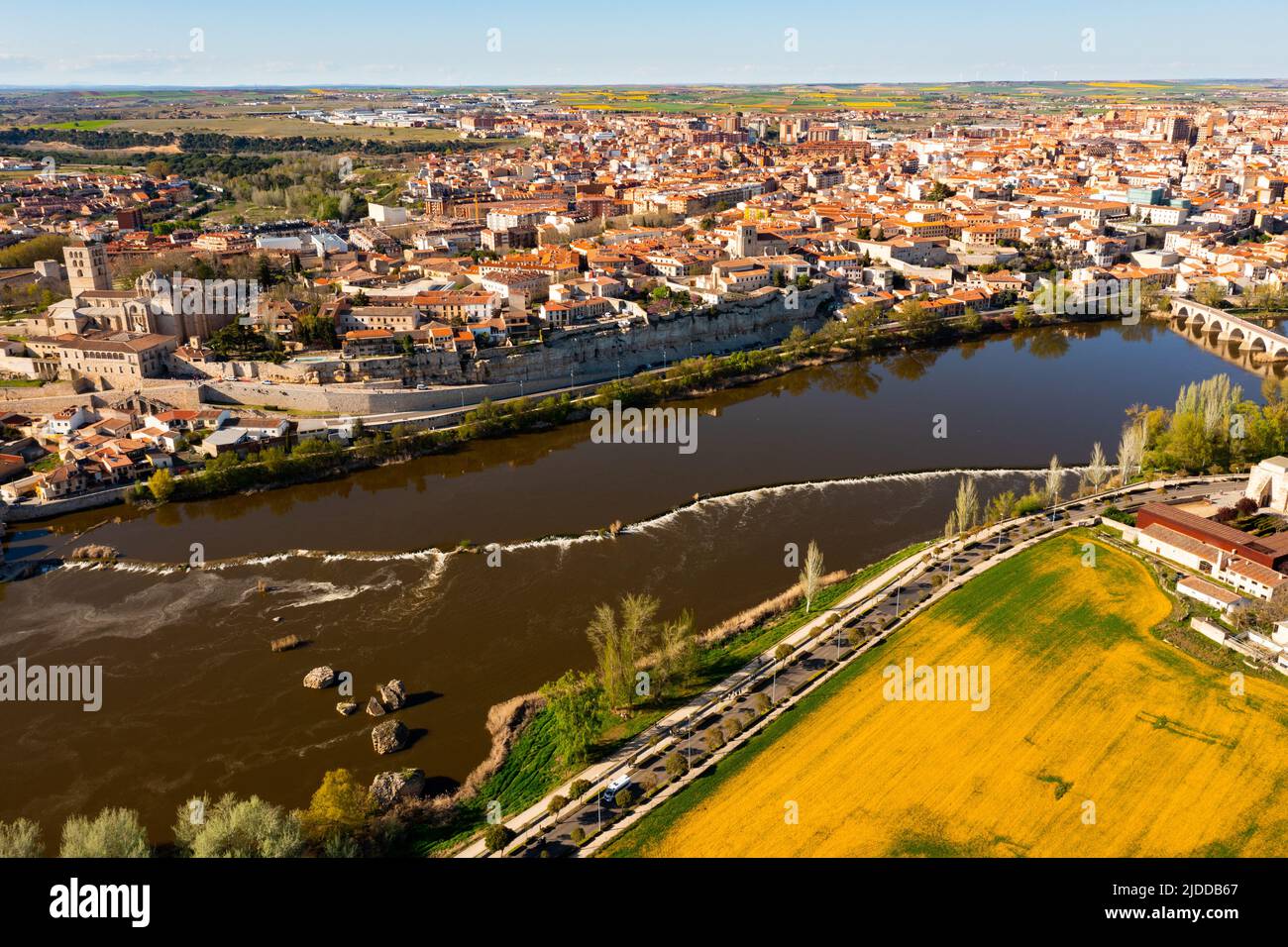 aerial-view-of-zamora-with-arched-bridge-over-duero-river-stock-photo