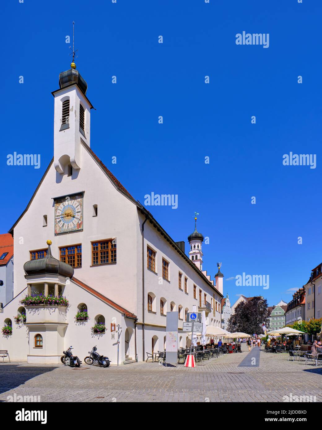 Historic Town Hall and street scene in the Old Town of Kempten in Allgaeu, Bavaria, Germany, June 11, 2022. Stock Photo