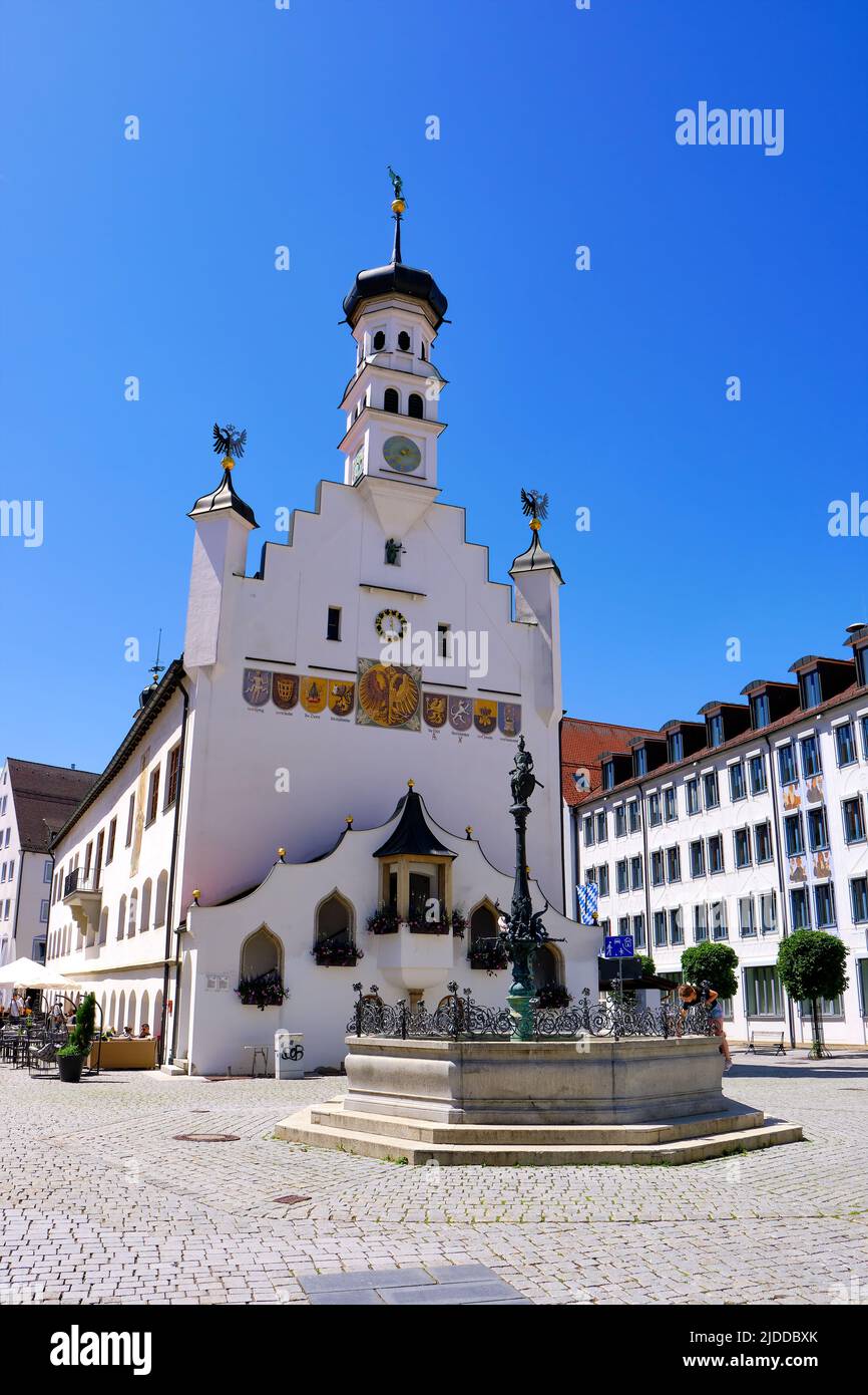 Historic Town Hall and street scene in the Old Town of Kempten in Allgaeu, Bavaria, Germany, June 11, 2022. Stock Photo