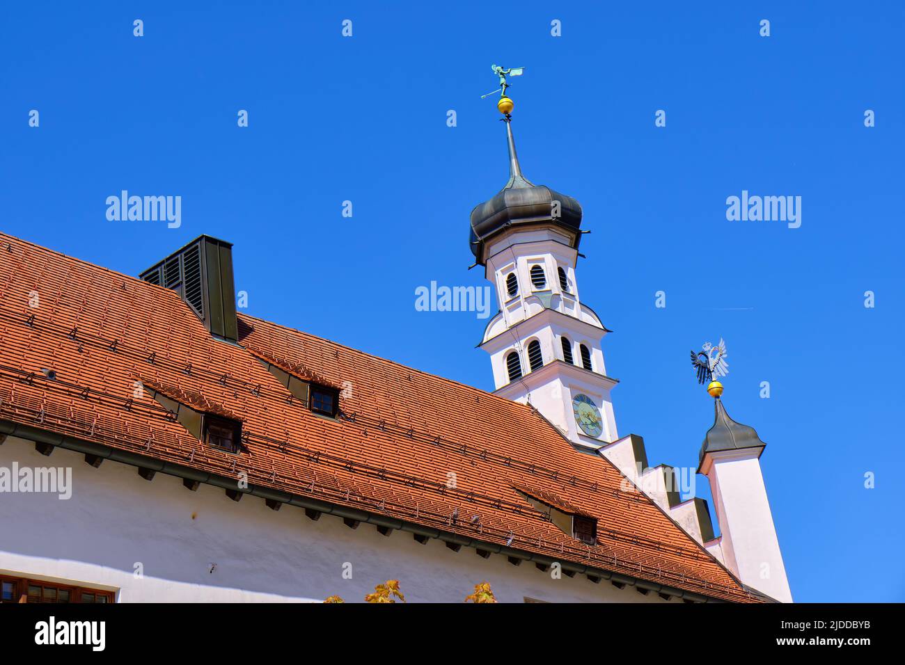 Historic Town Hall and street scene in the Old Town of Kempten in Allgaeu, Bavaria, Germany. Stock Photo