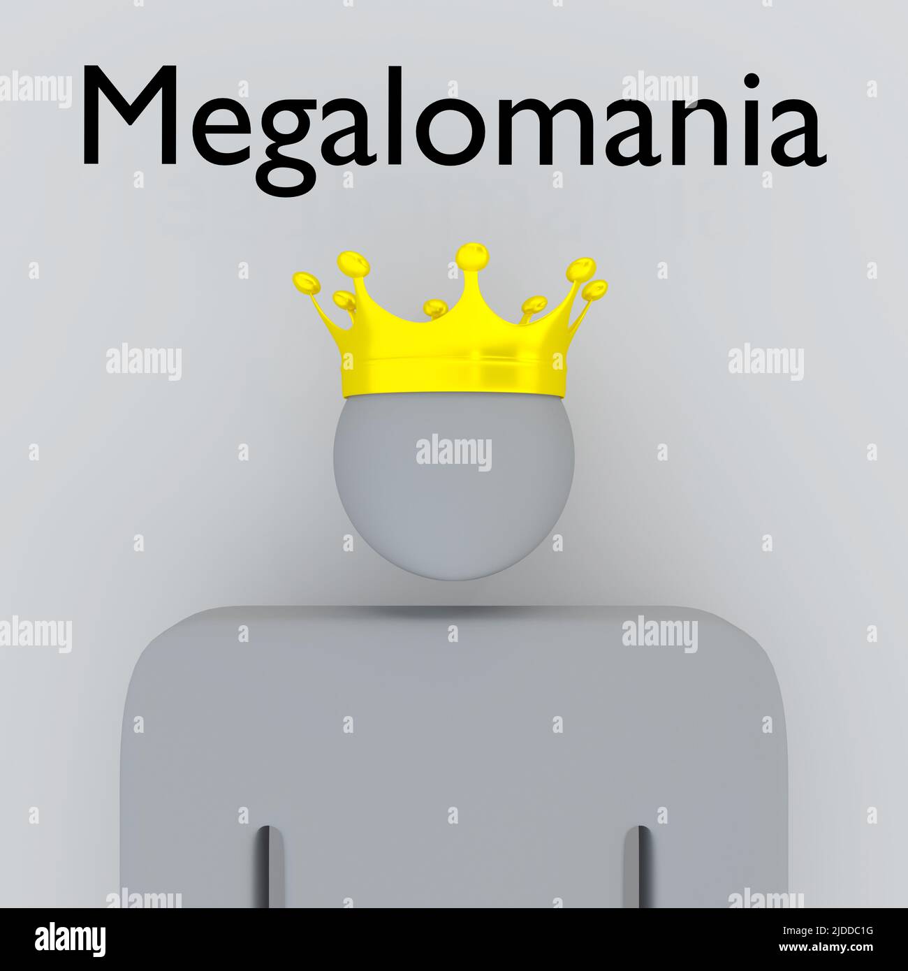 3D illustration of Megalomania script above a head silhouette with a golden crown Stock Photo