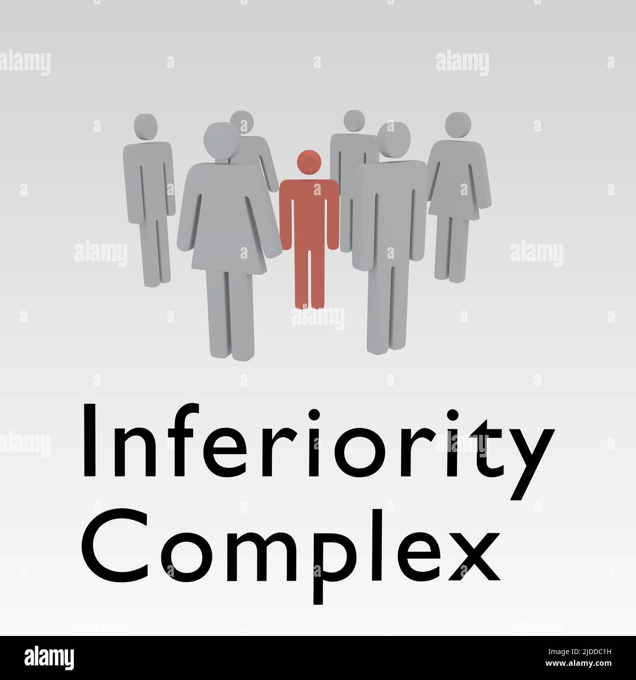 3D illustration of silhouettes of men and women surrounding an exaggerated small person, along with the title Inferiority Complex. Stock Photo