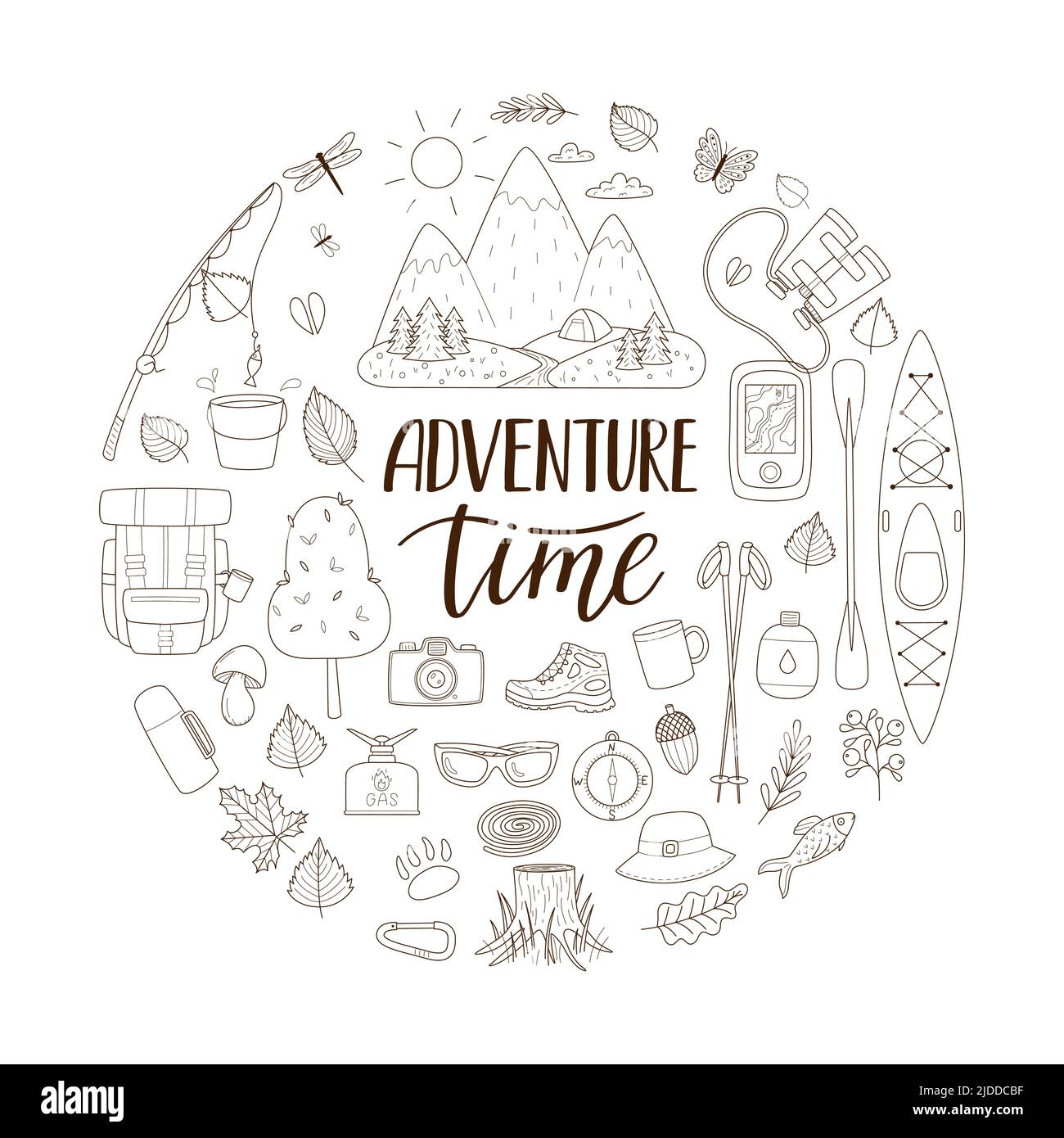 Doodle set of tourist equipment for camping, traveling, picnic, fishing. Lettering adventure time. Round composition as a print on clothes, cards, web Stock Vector