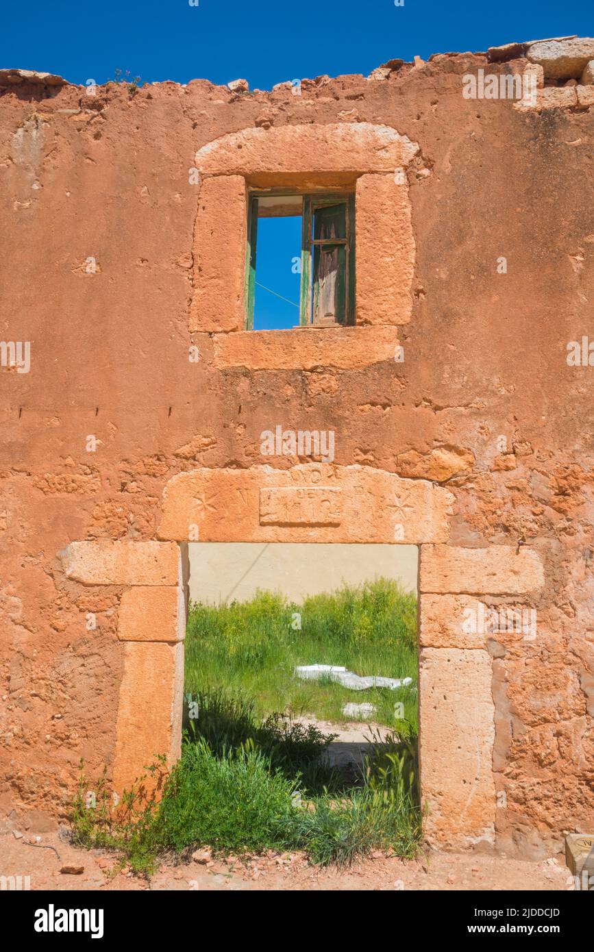 Facade of house in ruins. Ligos, Soria province, Castilla Leon, Spain. Stock Photo