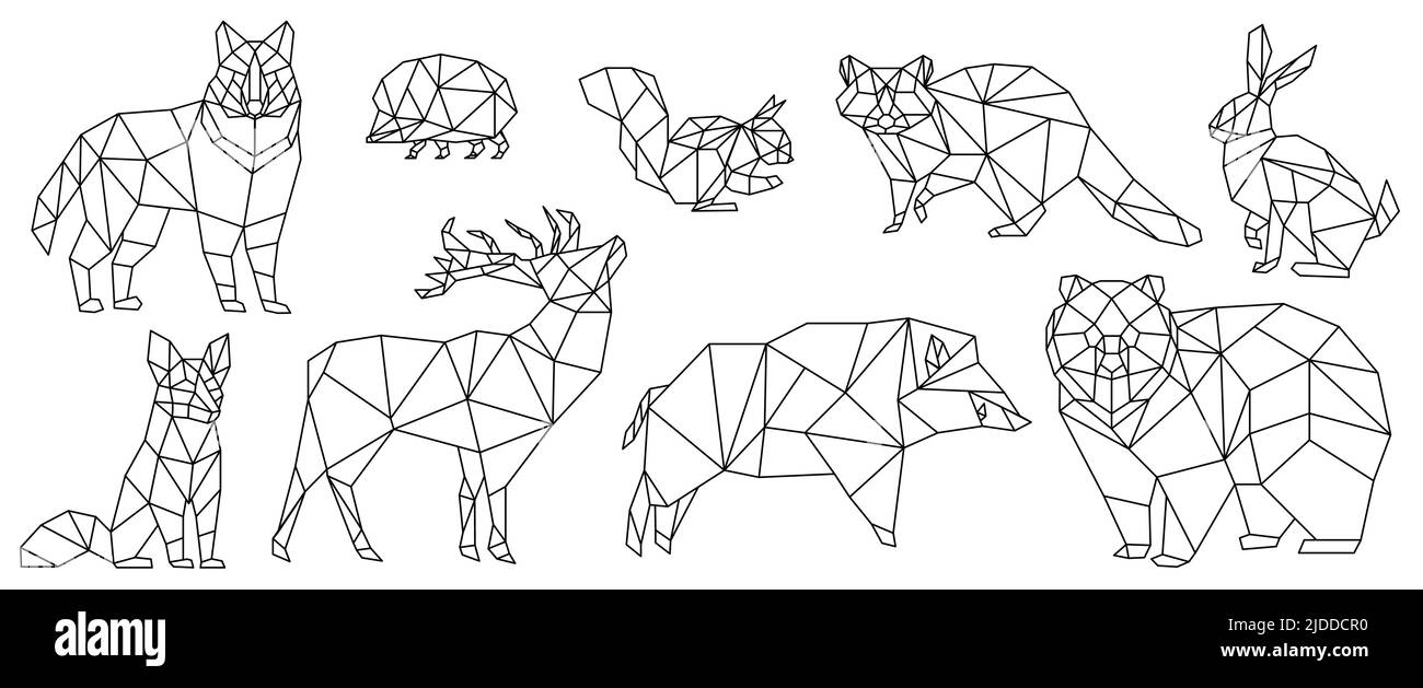 Geometric low poly animals set, black thin line vector illustration. Abstract creative polygonal design with triangle simple shapes for wild deer bear fox hedgehog squirrel raccoon rabbit wolf Stock Vector