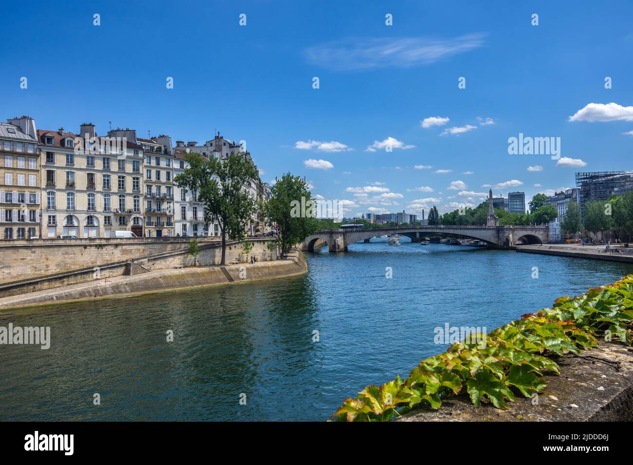 View along the river Seine towards the Pont Tournelle, Paris, France. Stock Photo