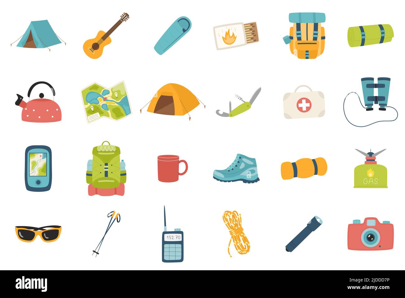 A set of design elements for summer, vacation, tourism, hiking, camping, picnic. Flat cartoon icons for web. cards, posters, banners. Color vector ill Stock Vector