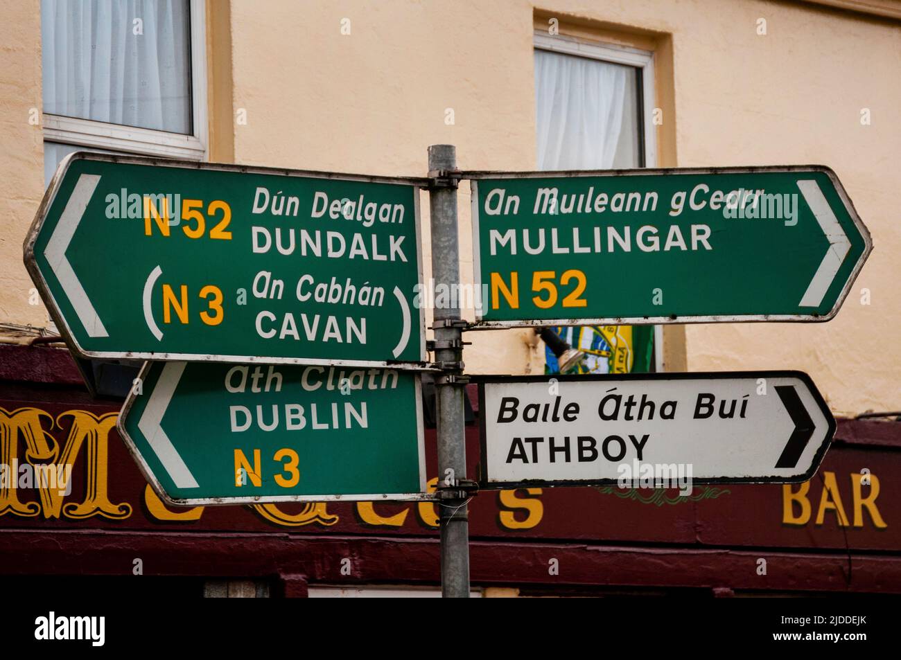 Gaelic on signage in Kells, Ireland. Stock Photo
