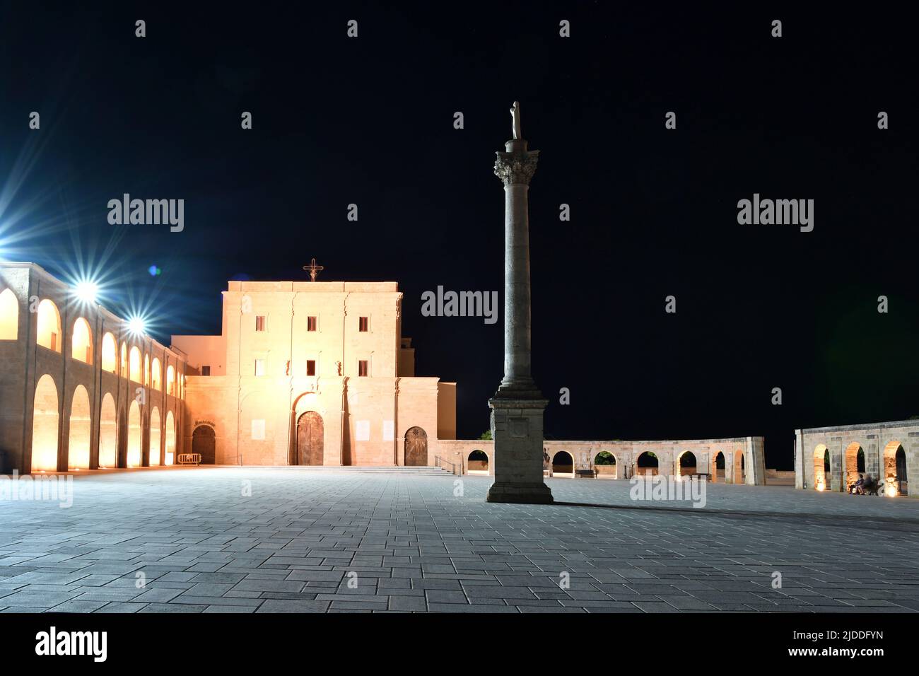 Night view of the square of the sanctuary of Santa Maria di Leuca, a town in southern Italy in the province of Lecce. Stock Photo