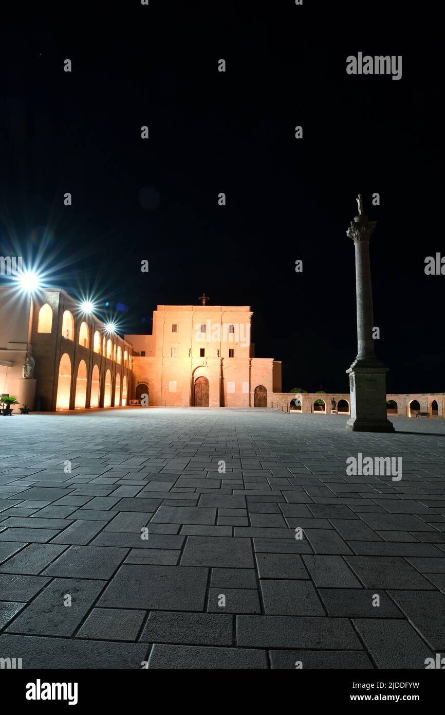 Night view of the square of the sanctuary of Santa Maria di Leuca, a town in southern Italy in the province of Lecce. Stock Photo