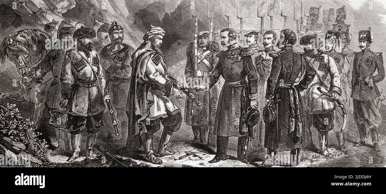 The surrender of Imam Shamil in 1859 during the Russian Conquest of Chechnya and Dagestan.  Imam Shamil, 1797 – 1871.  Political, military, and spiritual leader of Caucasian resistance to Imperial Russia in the 1800s, third Imam of the Caucasian Imamate (1840–1859), and a Sunni Muslim Shaykh of the Naqshbandi Sufi Tariqa.  From L'Univers Illustre, published Paris, 1859 Stock Photo