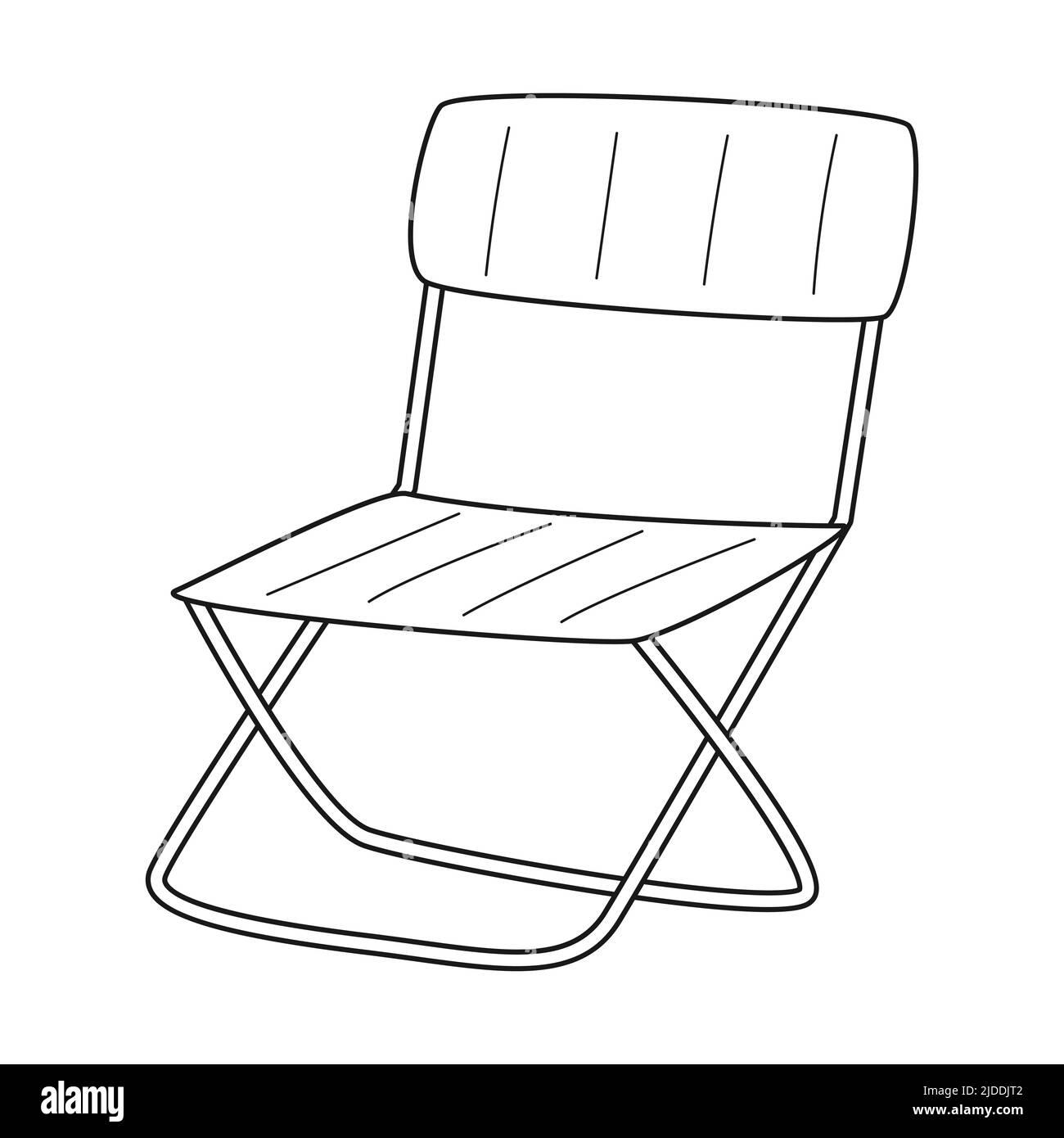 Doodle Tourist folding chair. Camping equipment, car travel, garden. A piece of furniture. Outline black and white vector illustration isolated on a w Stock Vector