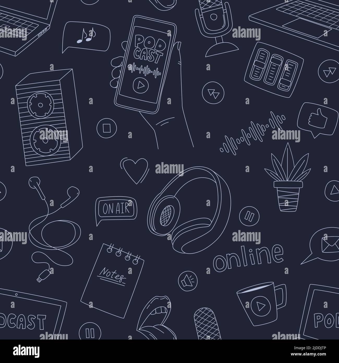 Seamless pattern with doodle elements symbolizing podcast, radio, online show. Outline hand drawn microphones, headphones, speakers, laptop. Black and Stock Vector