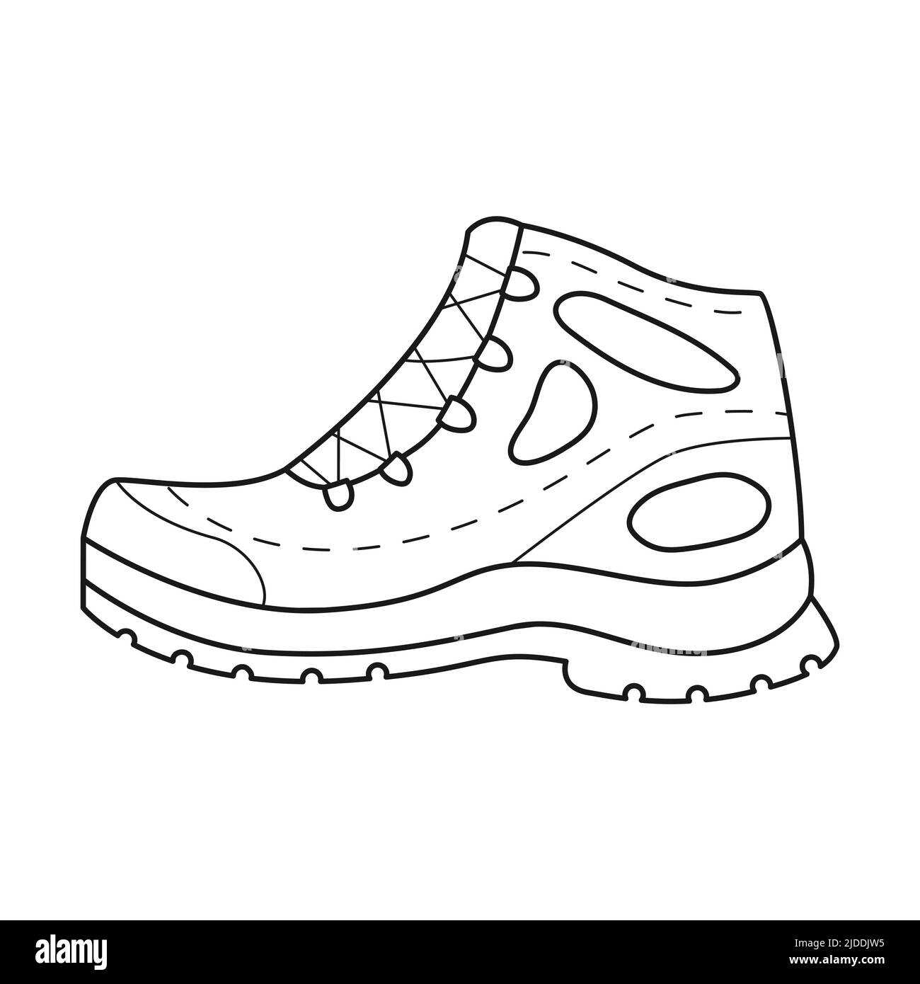 Doodle Hiking shoes. A blue shoe for tourist trips with a special tread on the sole. Equipment for tourism, travel, picnic, hiking, sports.Outline bla Stock Vector