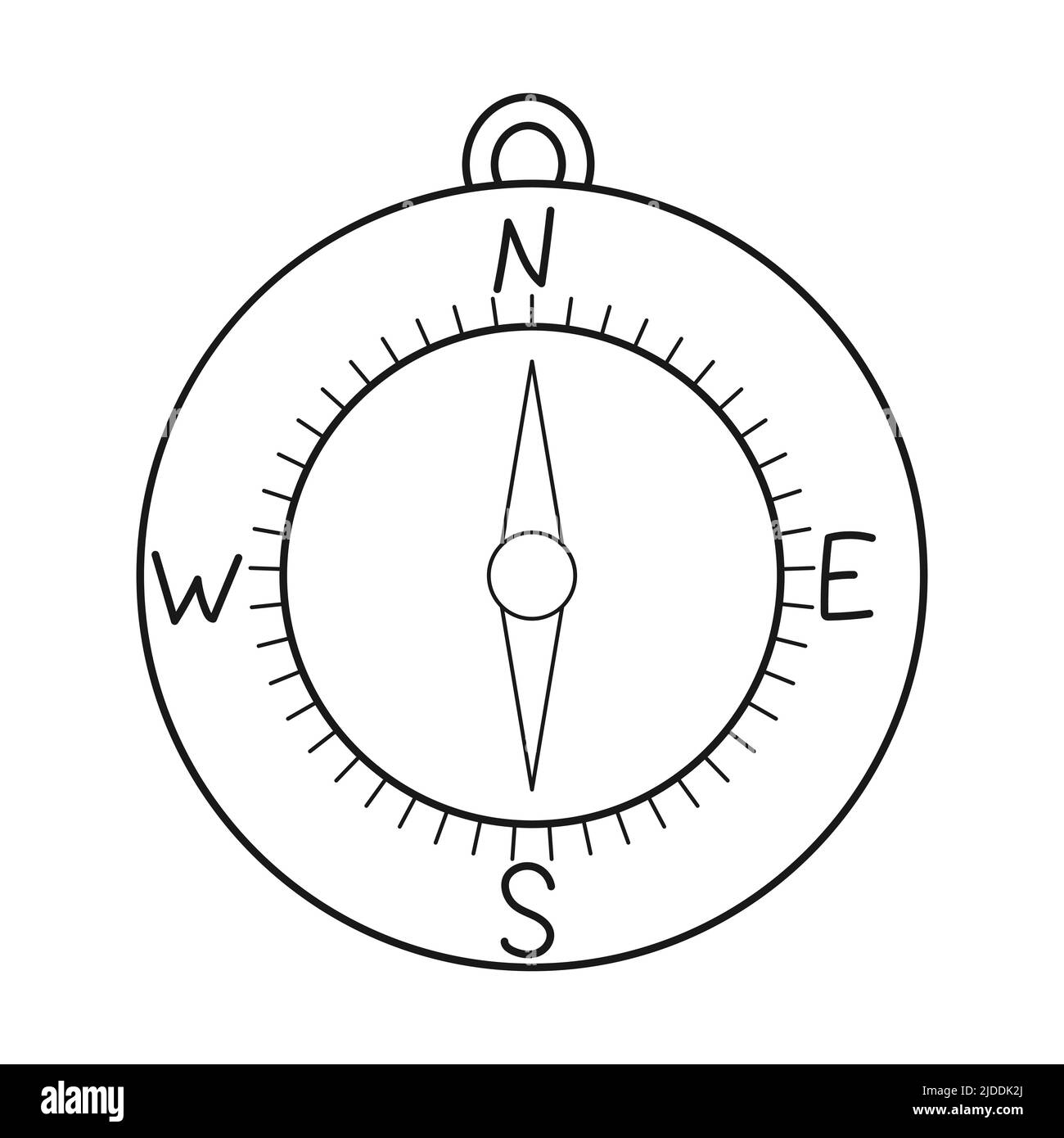 Doodle Magnetic compass. Navigation tool. Equipment for tourism, travel, hiking. Outline black and white vector illustration isolated on a white backg Stock Vector