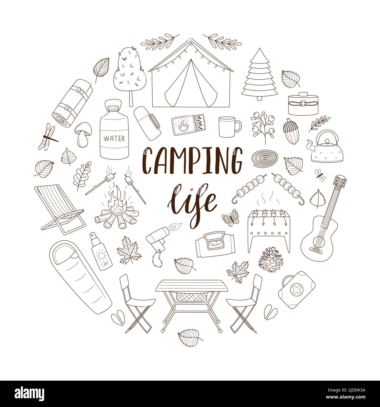 Doodle set of hiking equipment for travel, picnic, camping, tourism. Round composition as a print on clothes, postcards, web design. Outline vector il Stock Vector