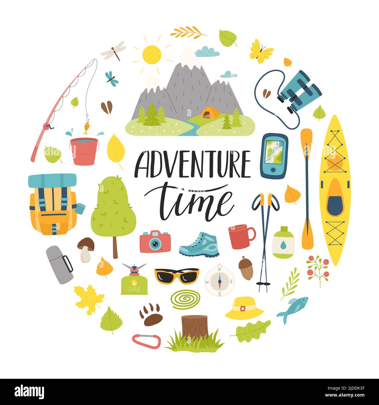 A set of tourist equipment for camping, traveling, picnic, fishing. Lettering adventure time. Round composition as a print on clothes, postcards, web. Stock Vector