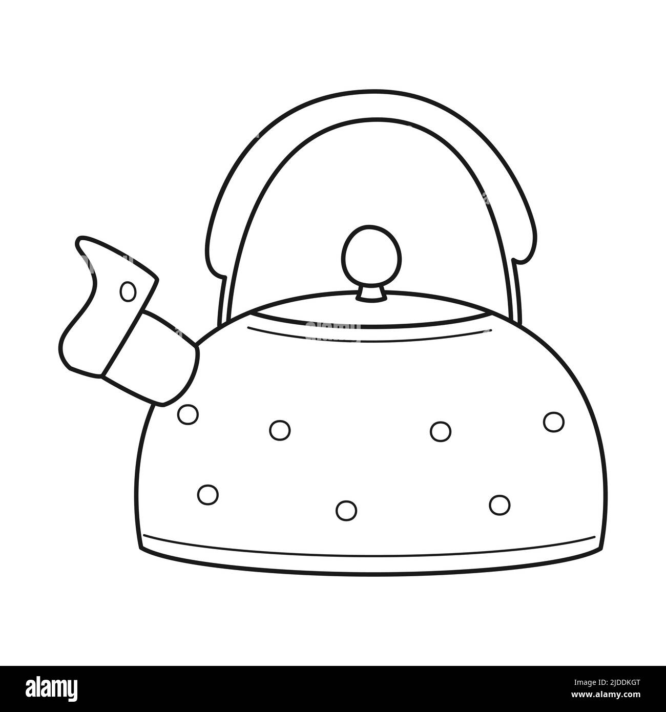 Doodle Red polka dot teapot with lid and whistle. Kitchen equipment, utensils for camping, picnic, cooking on gas or fire. Outline black and white vec Stock Vector