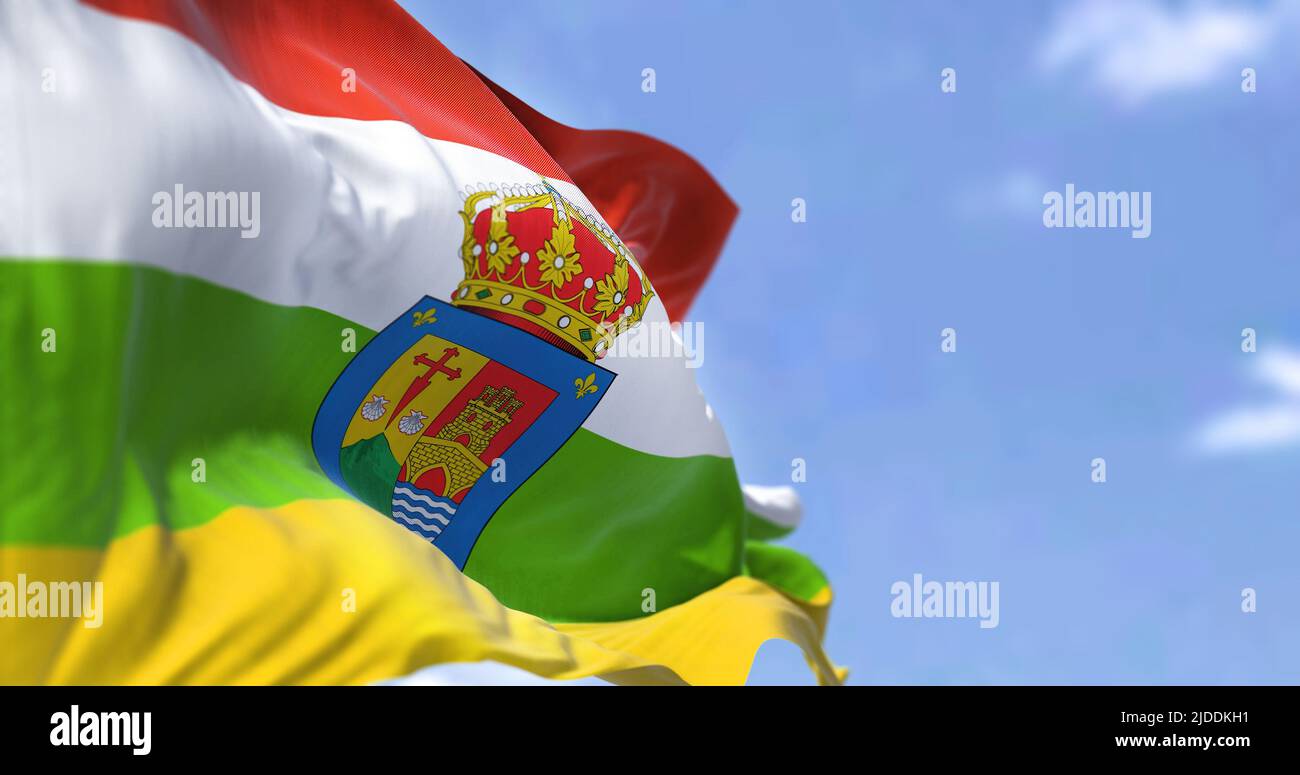 La Rioja flag waving in the wind on a clear day. La Rioja is an autonomous community and province in Spain, in the north of the Iberian Peninsula. Stock Photo