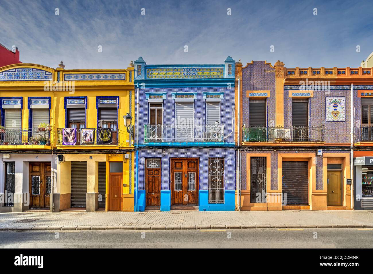 Colourful facade of traditional houses in El Cabanyal neighbourhood, Valencia, Valencian Community, Spain Stock Photo