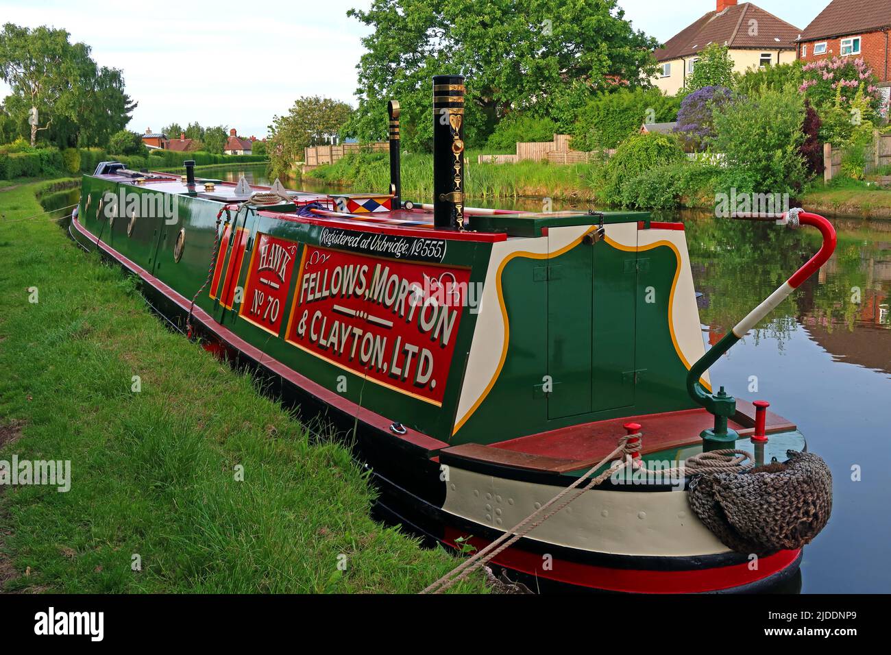 Hawk 70, Fellows Morton Clayton canal barge at Stockton Heath, Warrington, Cheshire, England, UK, WA4 5BG Stock Photo