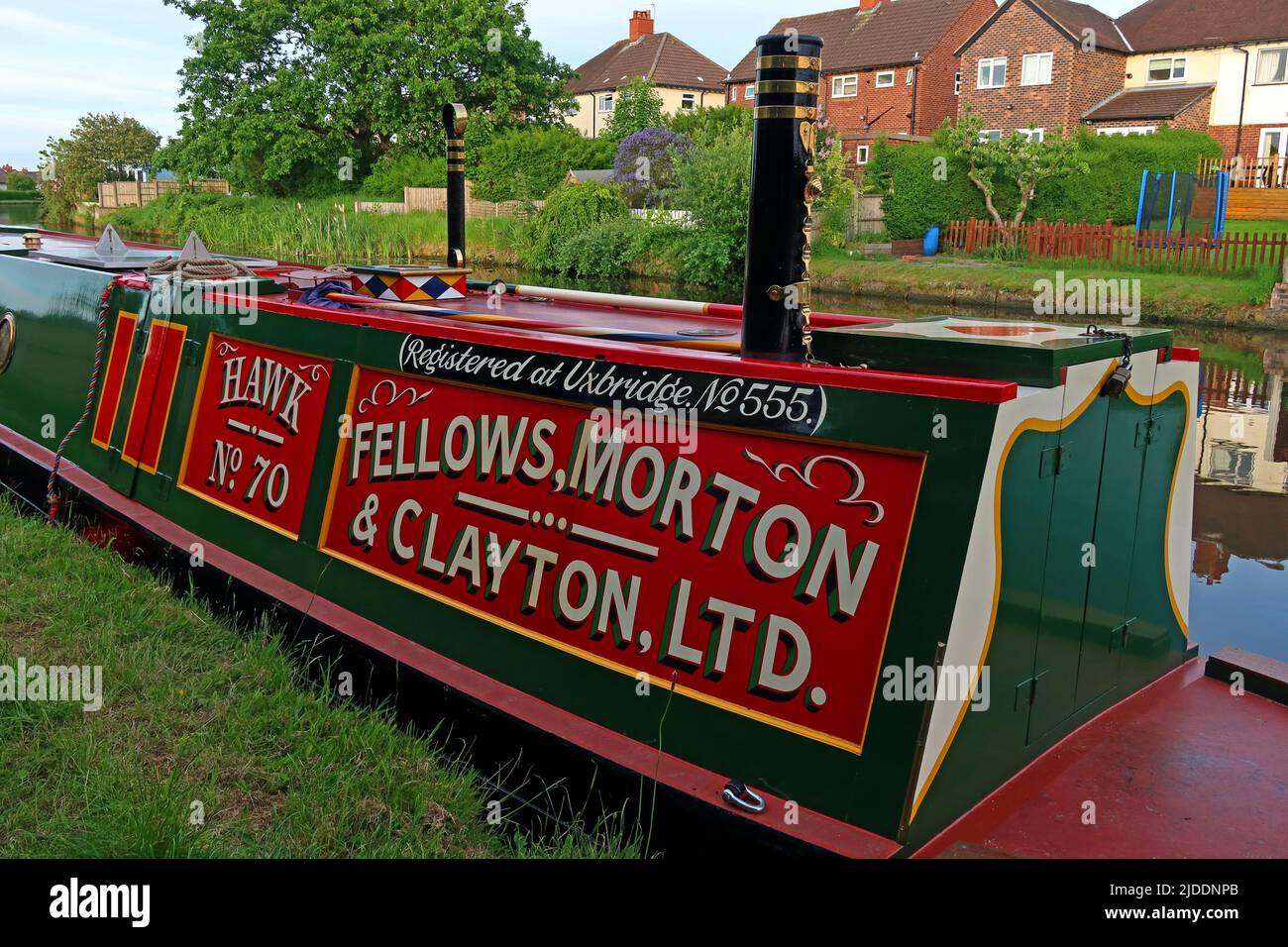 Hawk 70 traditional British narrowboat, Fellows Morton Clayton,  at Stockton Heath, Warrington, Cheshire, England, UK, WA4 5BG Stock Photo