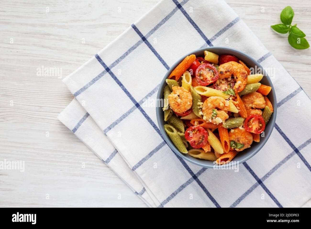 Homemade Tri-Color Penne Salad with Shrimp, Tomato and Basil Bread ...