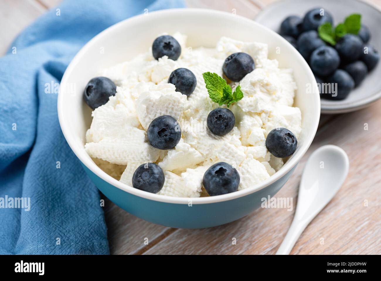 Curd cheese or cottage cheese with blueberries in bowl on wooden background, closeup view Stock Photo