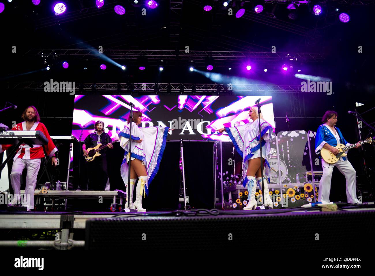 Bjorn Again, ABBA tribute band, performing at the Fantasia pop festival in Promenade Park, Maldon, Essex, UK Stock Photo