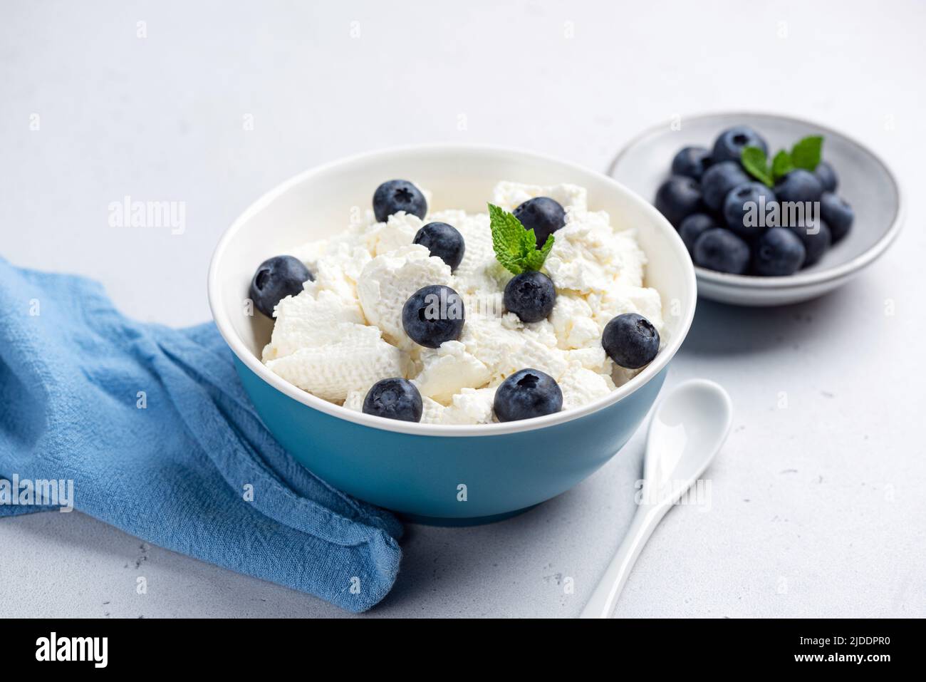 Cottage cheese in bowl with blueberries on concrete background. Rich in