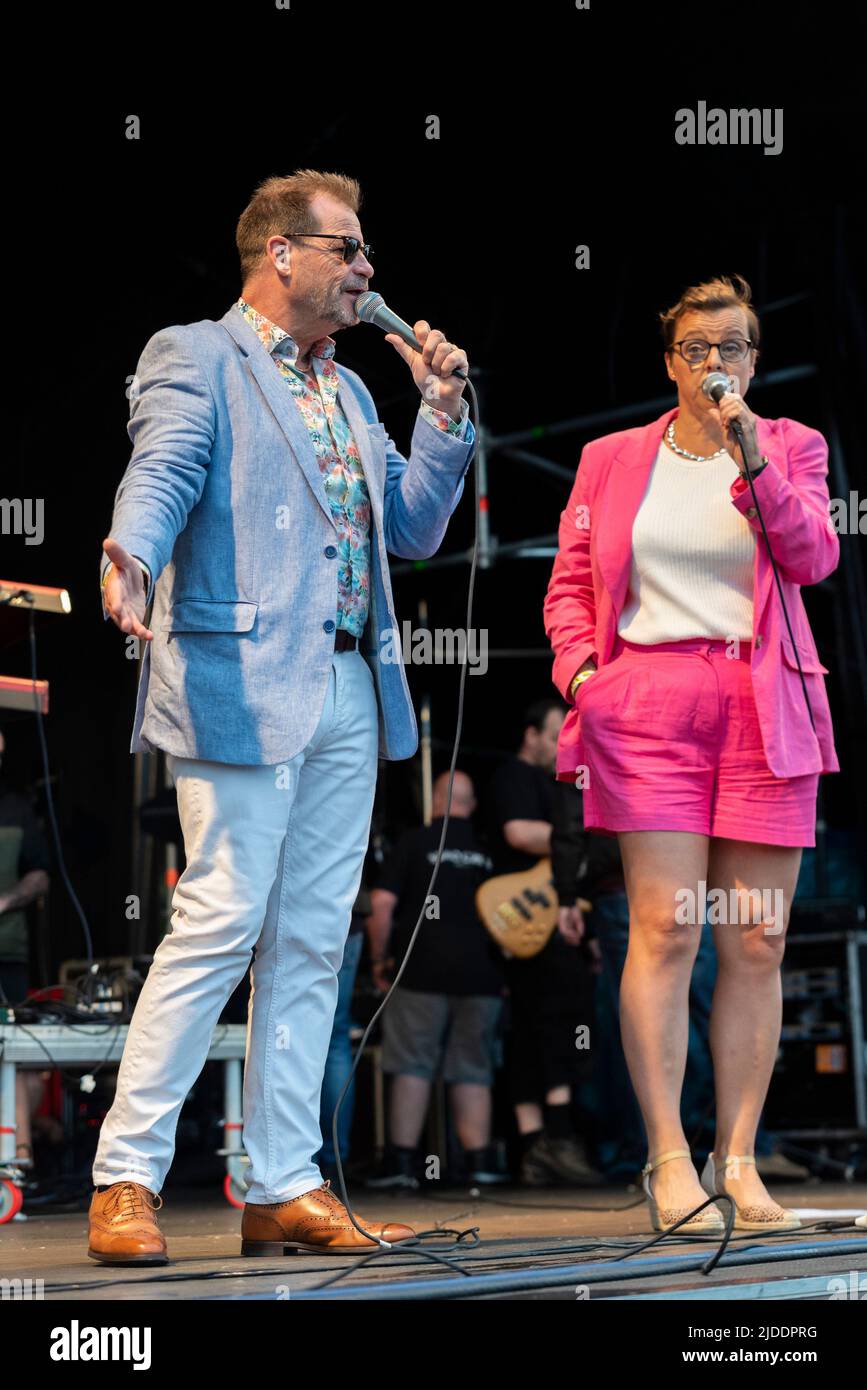 Martin Day and Su Harrison presenting at the Fantasia pop festival in Promenade Park, Maldon, Essex, UK Stock Photo