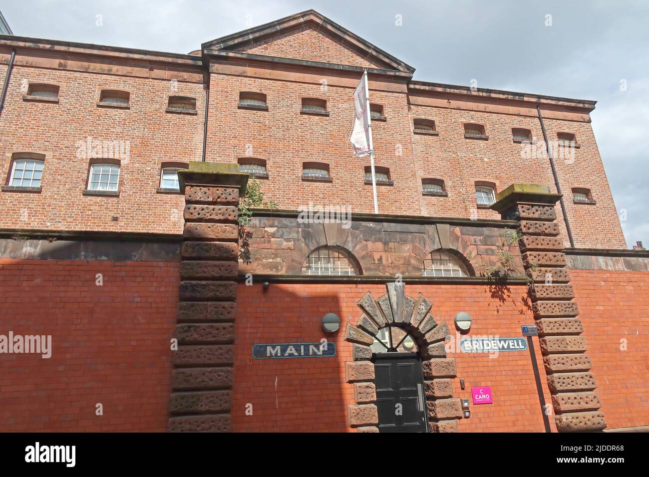 Liverpools Old Main entrance of Bridewell Prison, 1859, closed 1999, now student flats, Cheapside, Liverpool , Merseyside, England, UK, L2 2DH Stock Photo
