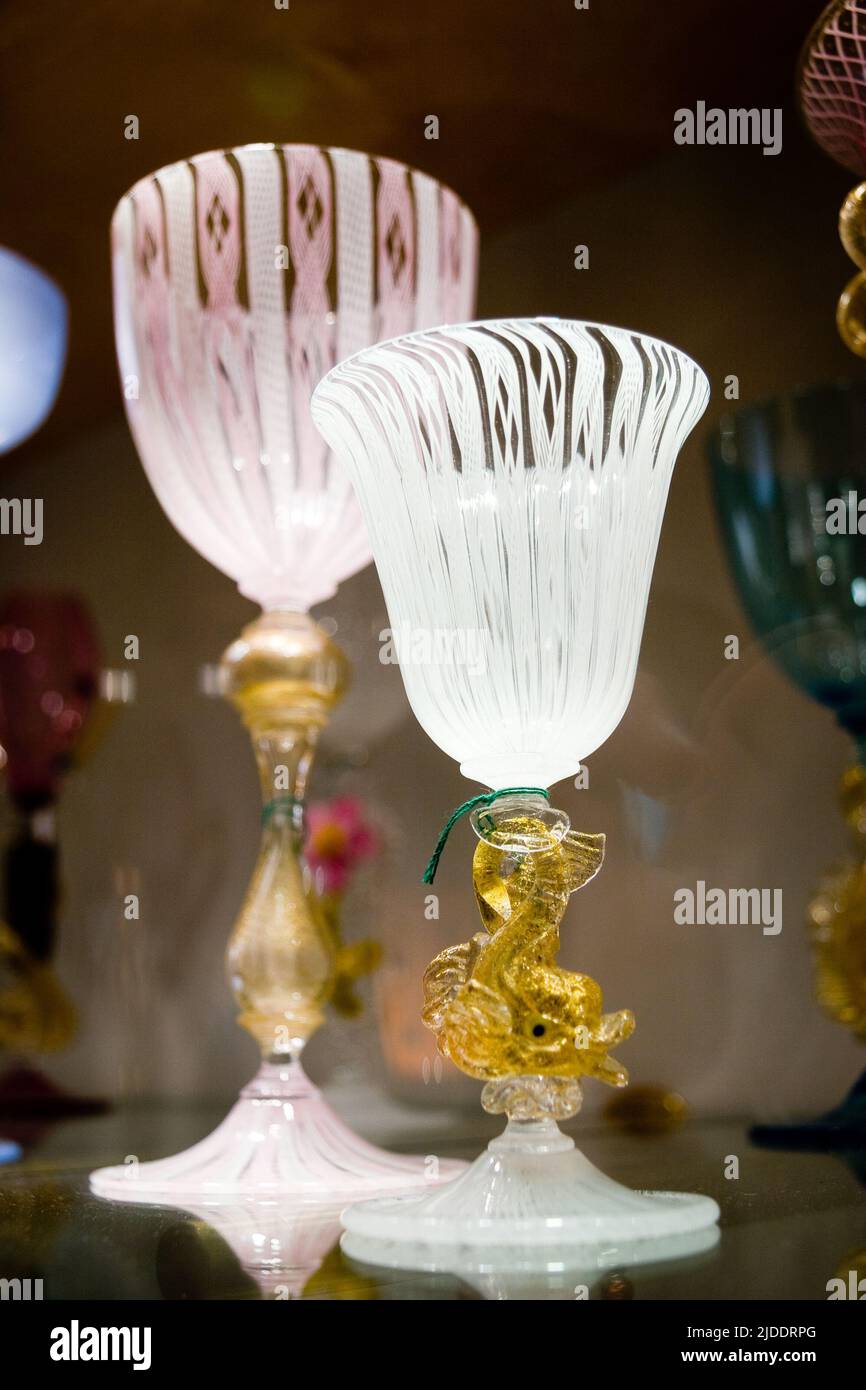 Murano glassware. Detail view of a pair of traditional Murano glasses. Venice, Italy. Stock Photo