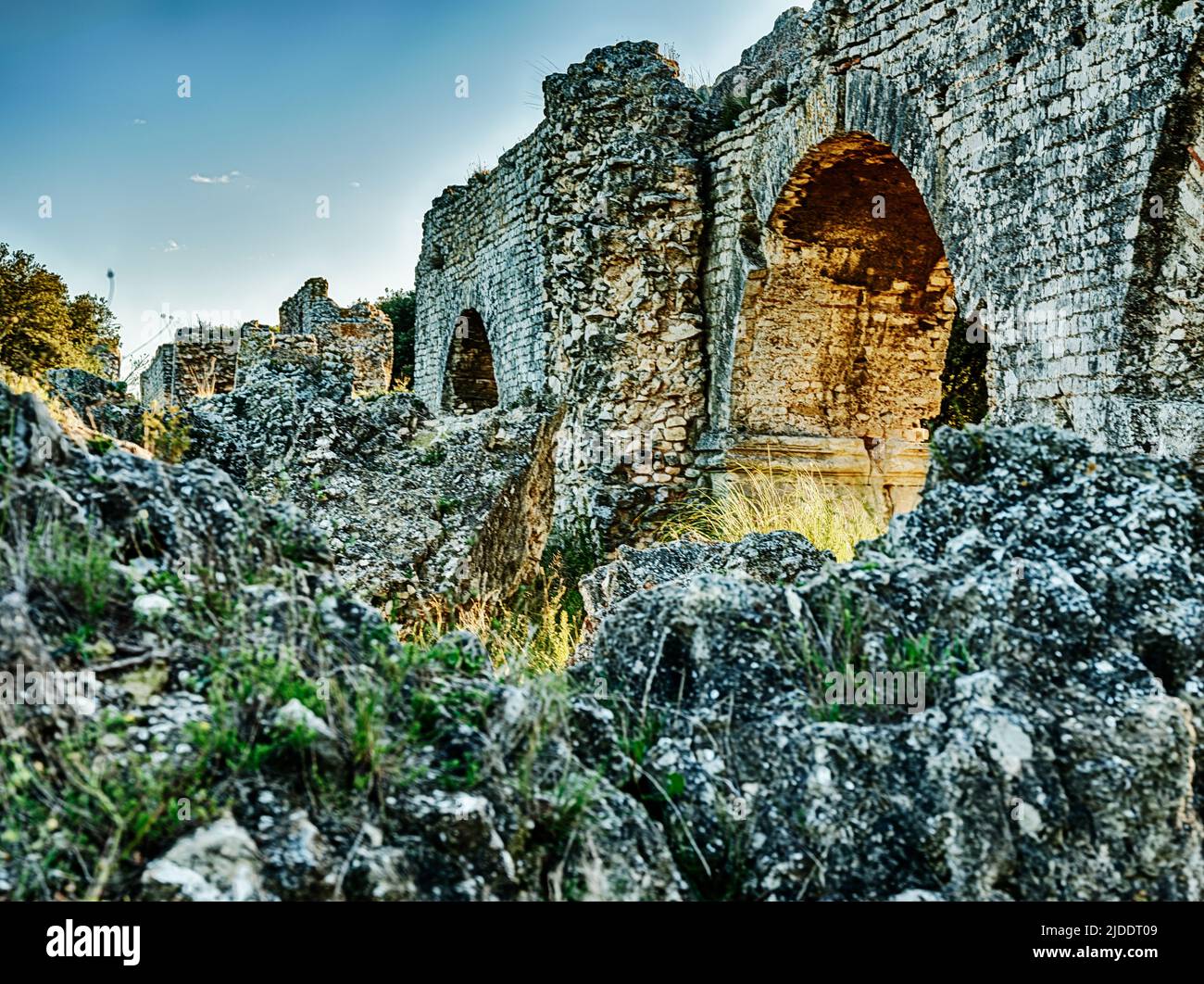 Ruins of the ancient Roman Berbegal aqueduct near Fontvielle stretch over a kilometer. Stock Photo