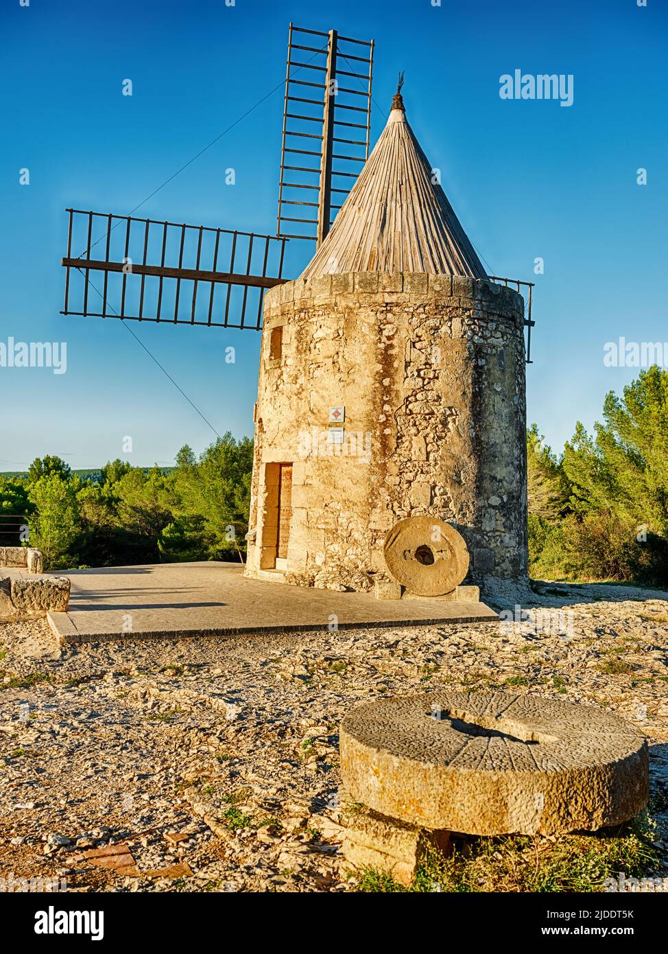 The old windmill, or moulin, at Fontvielle is a historic landmark of France. Stock Photo
