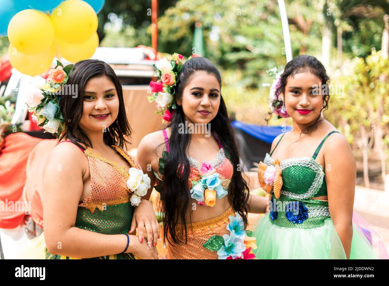Latin teenagers dressed in classic carnival costume during an agriculture and harvest festival Stock Photo