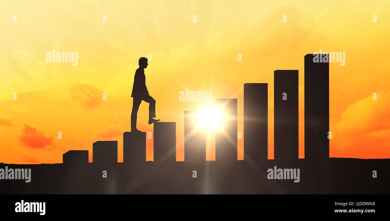 ladder of success. Success concept with businessman silhouette climbing chart bars at sunset. Climbing career steps. Grow leadership and career develo Stock Photo