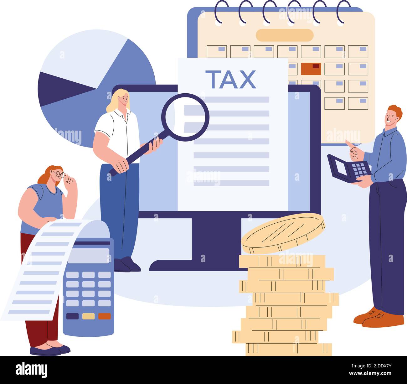 Accounting concept. Tax account and financial application. People count money, business and bills. Young business, job audit inspection kicky vector Stock Vector