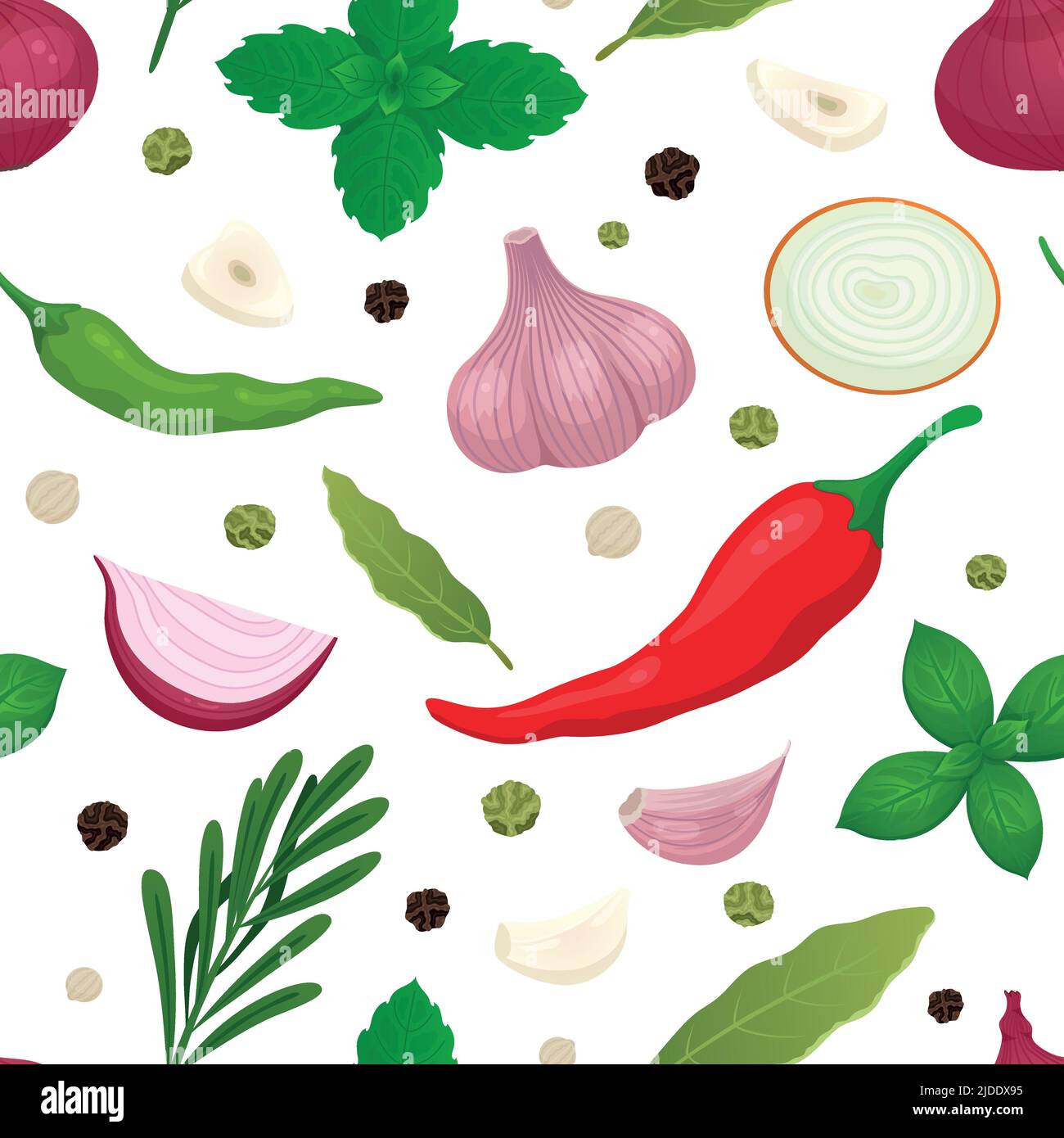 Culinary spice seamless pattern. Cartoon onion, chili peppers and garlic. Fresh basil, green rosemary, slices onions. Kitchen bright racy vector print Stock Vector